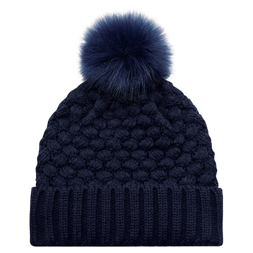 Jacquard Bubble Knit Faux Fur Pom Pom Toque