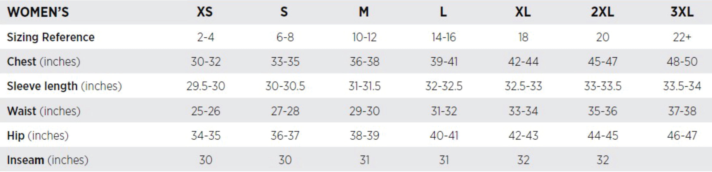 Ladies Polo Size Chart